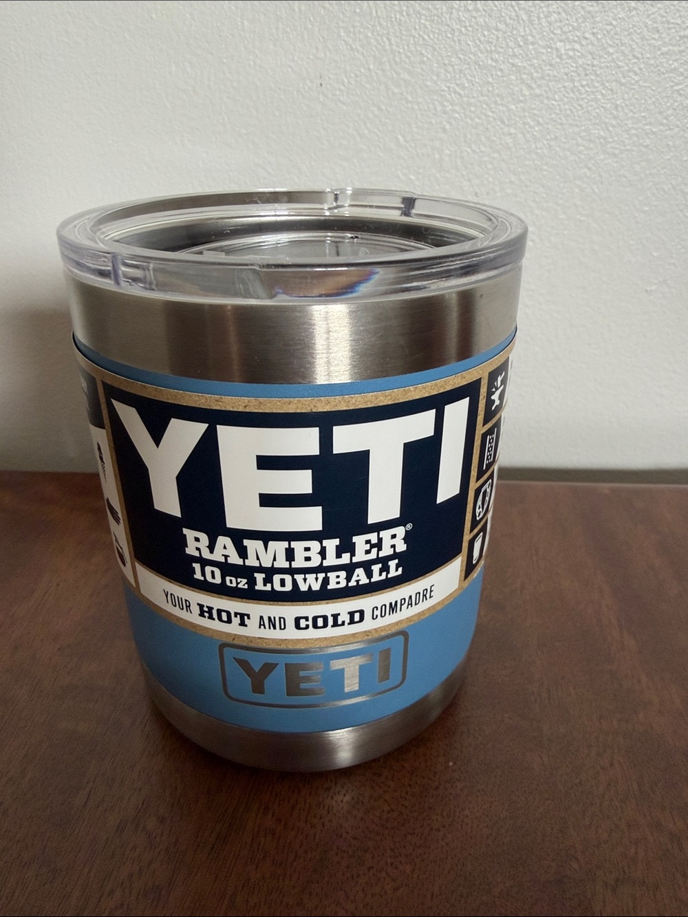 YETI Rambler 10 oz Lowball Blue Lid hot and cold stainless steel dishwasher safe